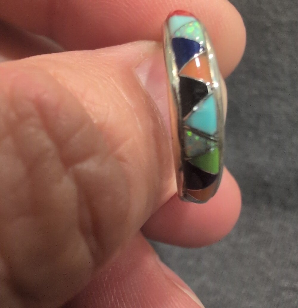 Zuni Sterling Silver Multicolor Inlay Geometric Band Ring - Picture 3 of 3